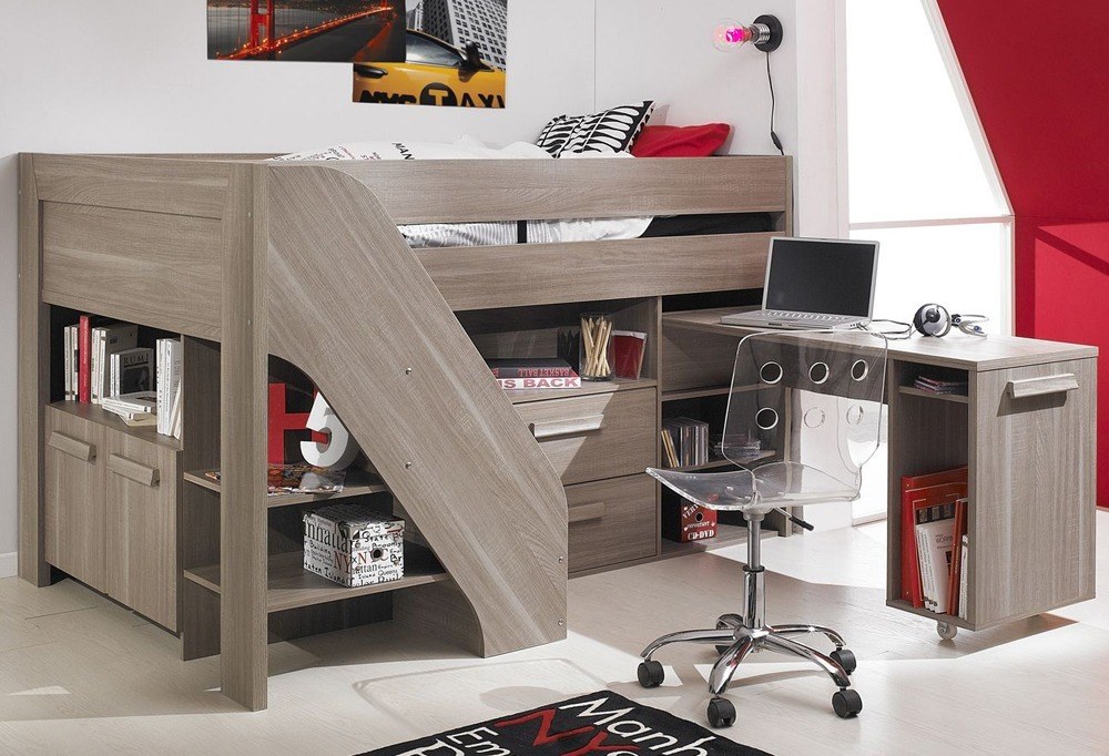 Wooden Full Size Loft Bed With Desk