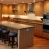Cherry Wood Kitchen With Black Bar Stools
