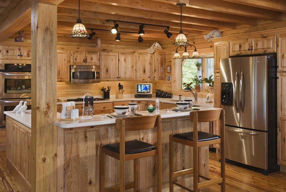 Ideas in log interior design fit for different styles including classic and modern tendencies.