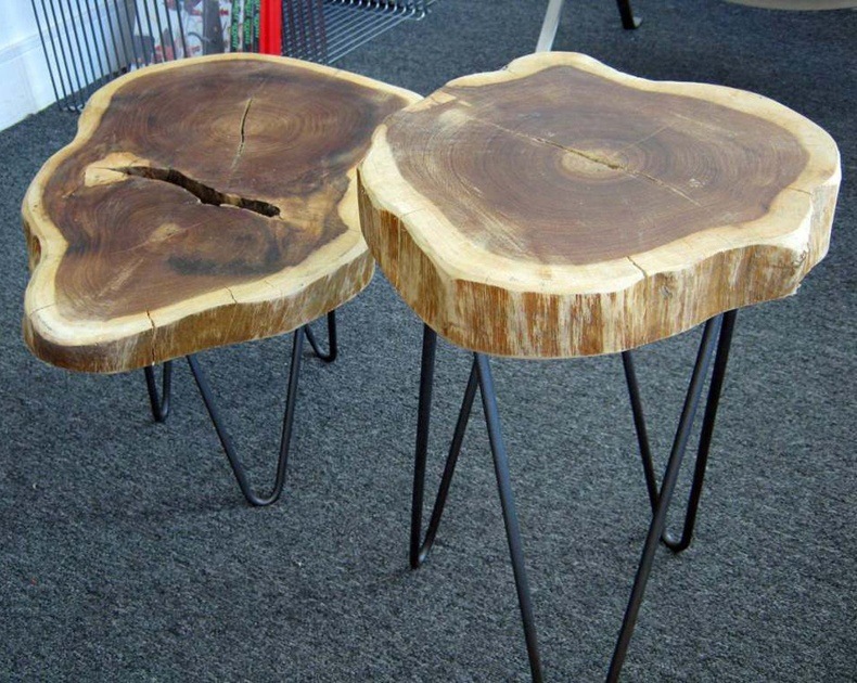 Maybe the most interesting and eye-catching ideas are tree trunk tables on cheap hairpin table legs.