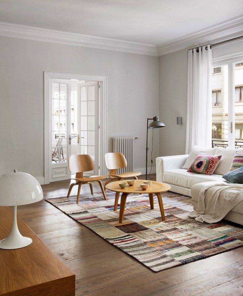 White Scandinavian Style Living Room With Neutral Brown Scandinavian Coffee Table