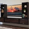 One of the most practical options is using modern TV cabinet designs as an interesting dark brown TV unit.