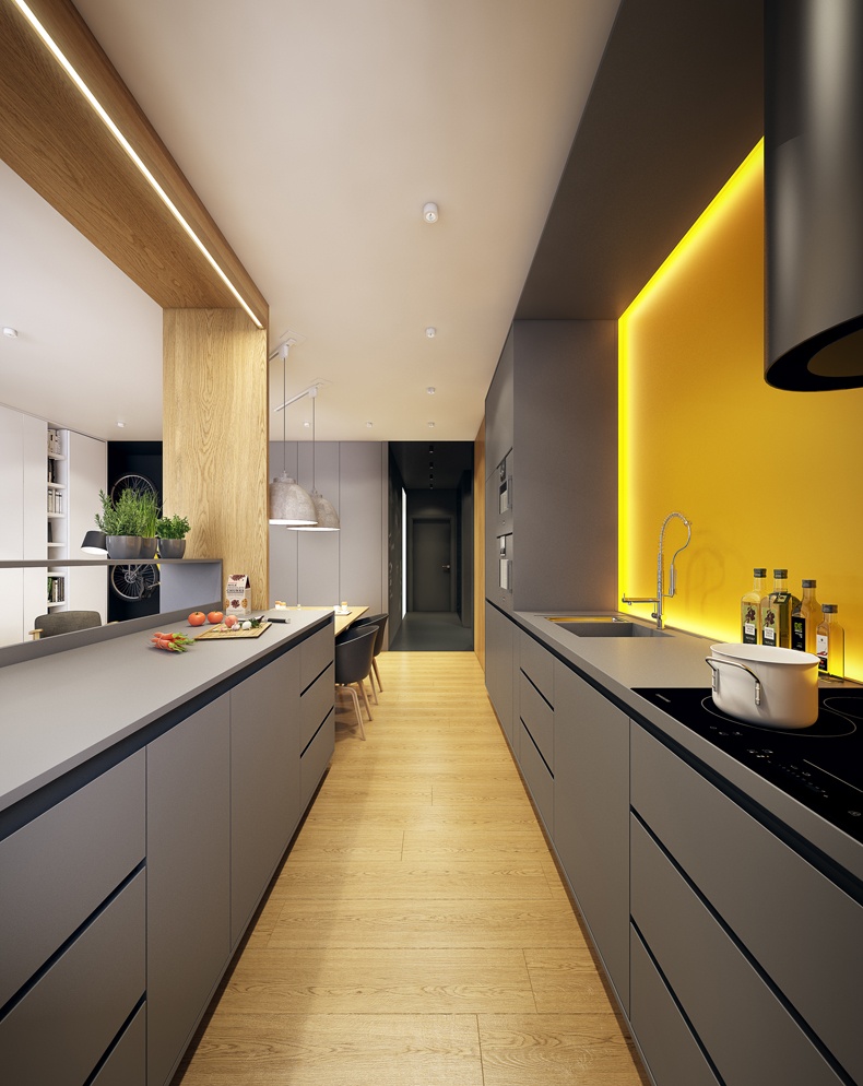 Detached and quiet nature of grey and yellow kitchen ideas will help in creating relaxing and pleasant ambience.