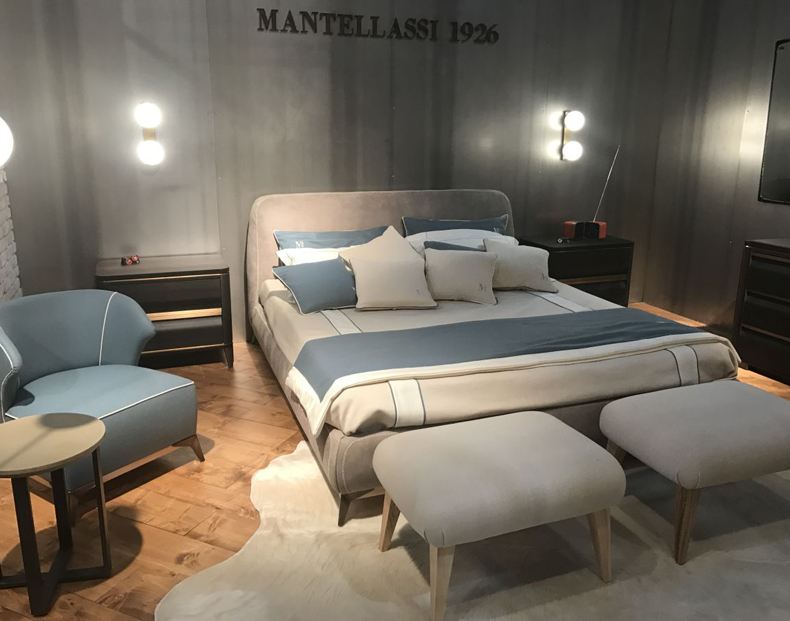 Mantellasi Bed Frame In Grey With Two Large Stools Like Bench