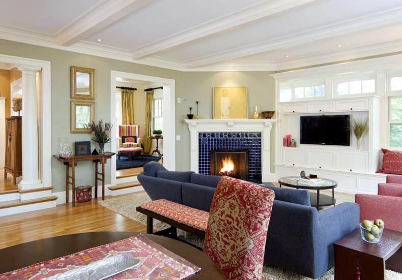 Corner Fireplace With Blue Ceramic Tiles