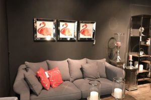 Mirrored Flamingo Framed Art Above The Sofa For Living Room