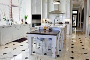 White Kitchen With Black And White Marble Floor