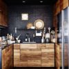 Black Small Tiles And Wood Cupboards
