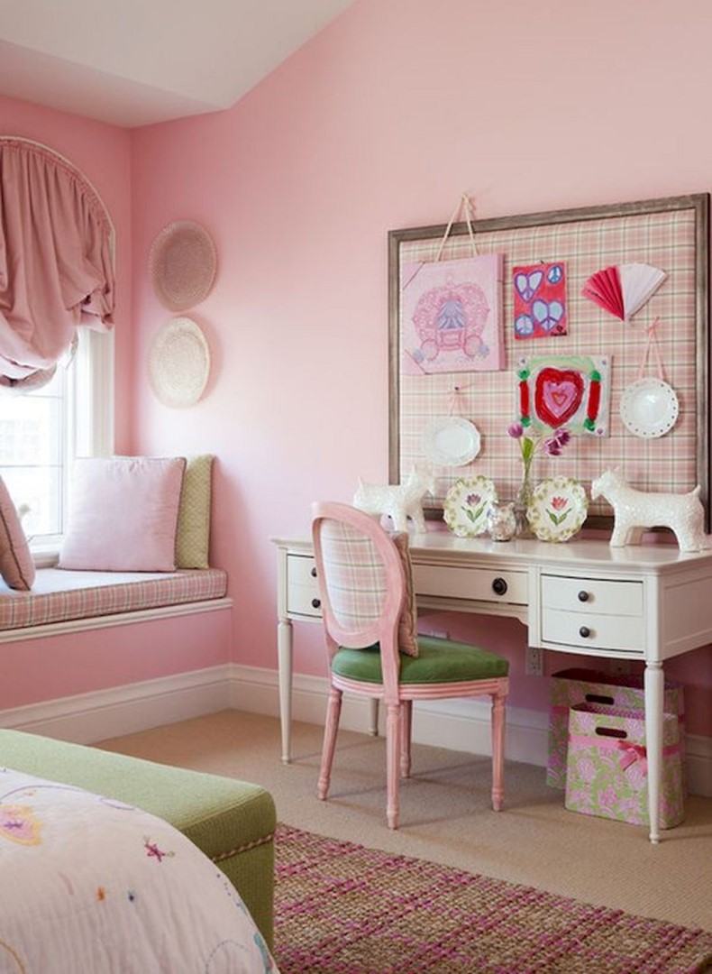 Pink bedroom walls play beautifully in a formal living space, for instance at a home office.