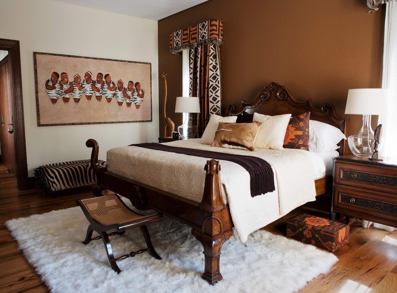 African bedroom furniture with a jungle themed bedroom includes soft and rich animal pelts.