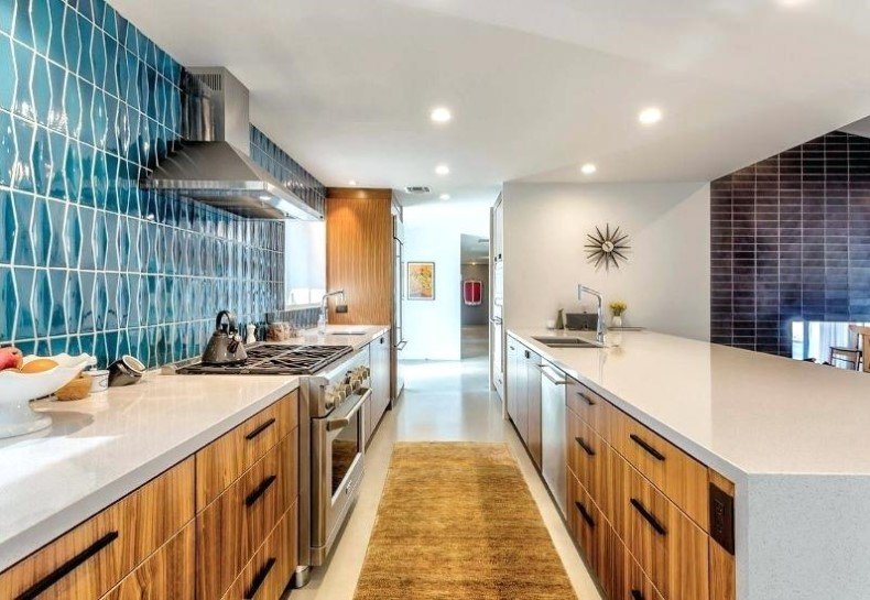 Mid Century Kitchen Design With Brown Cabinets